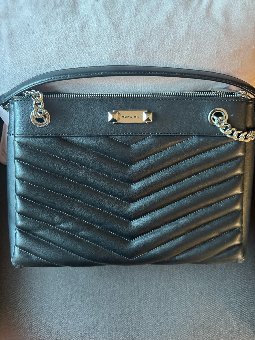 Michael Kors Black Quilted Chevron Leather Shoulder Bag with Chain